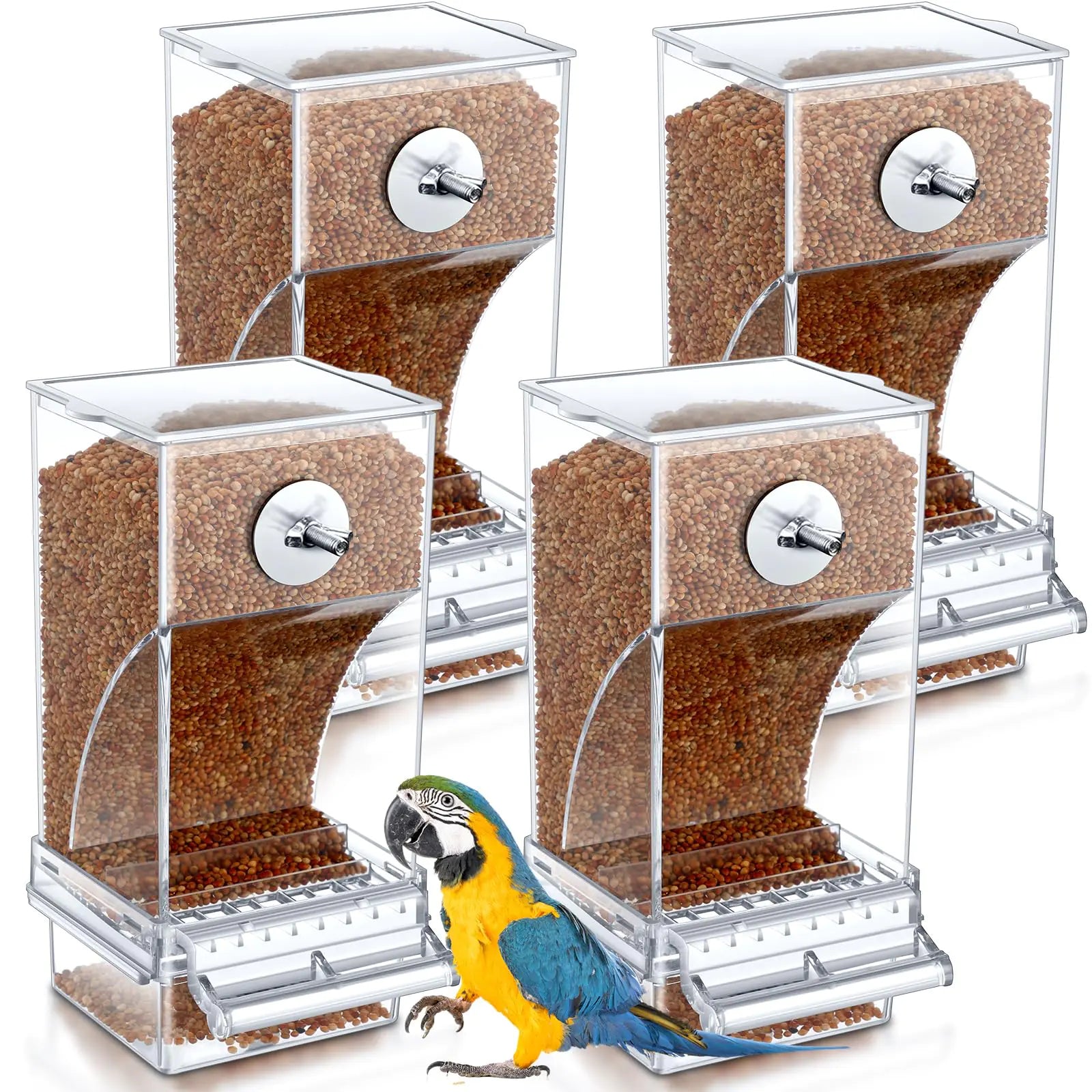 Yaomiao 4 Pcs No Mess Bird Feeders Automatic Parrot Water Dispenser Clear Bird Seed Container Parakeet Cage Accessories for Small and Medium Birds Parrot Cockatiel Canary (Transparent Seed Feeder)
