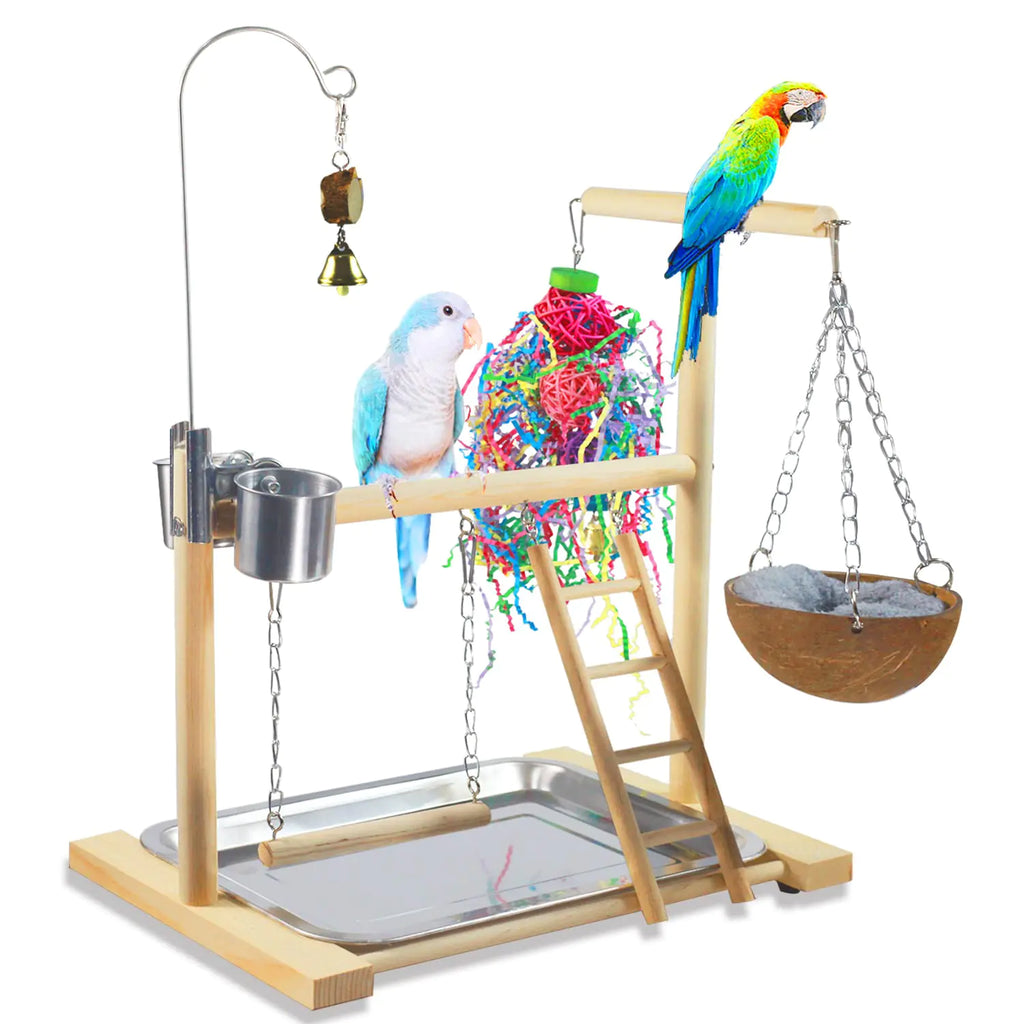 Bird Toys Parrot Wooden Platform Standing PlaygroundBird Perch Ladder Hanging Swinging Chewing Sports Toys Bird Stand Fun Straw Bell Toys Bird Game Table with Feeder