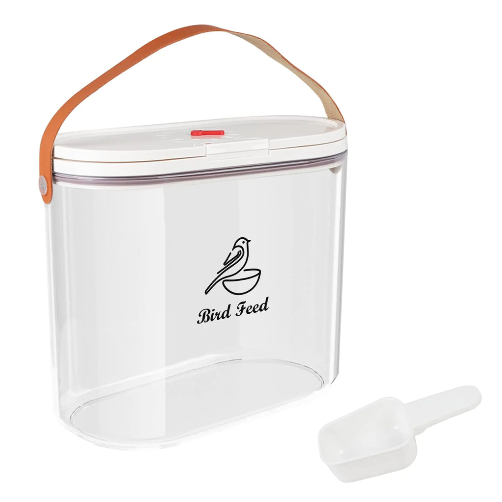 Brabtod Outdoor Bird Seed Storage Container 7Lbs|Portable Bird Food Container with Handle|Clear Bird Seed Bin with Food Scoop|ideal for Wild Bird SeedSunflower seed|Clear Plastic-BPA Free