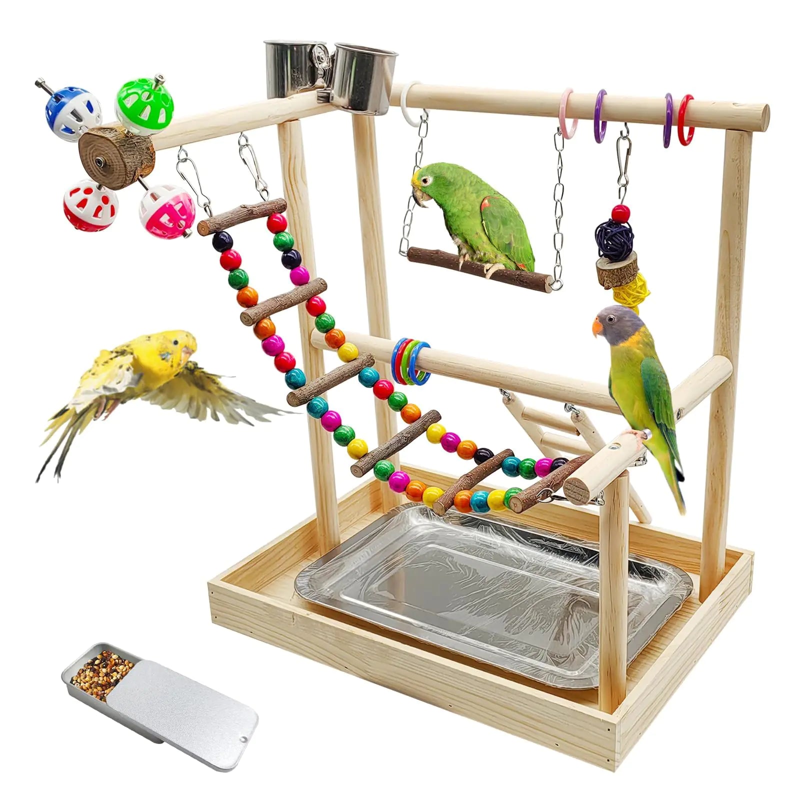 PINVNBY Bird Playground Parrot Playstand Play Gym Cockatiel Wood Bird Toys Bird Cage Accessories Playpen Ladder with Feeder Cups Hanging Swing Toys for Parakeet Conure Lovebird Cockatiel