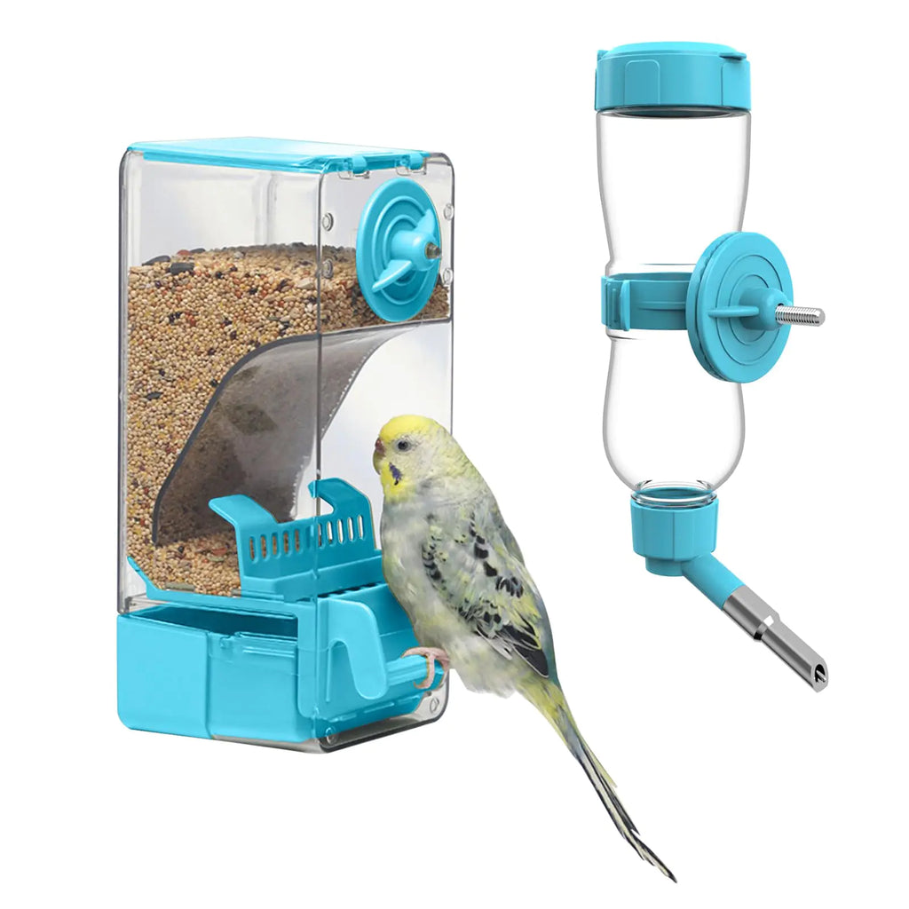 No Mess Bird Feeder Water Dispenser Set Automatic Cage Feeder with Perch for Parakeet Canary Cockatiel Finch Budgie (Blue)