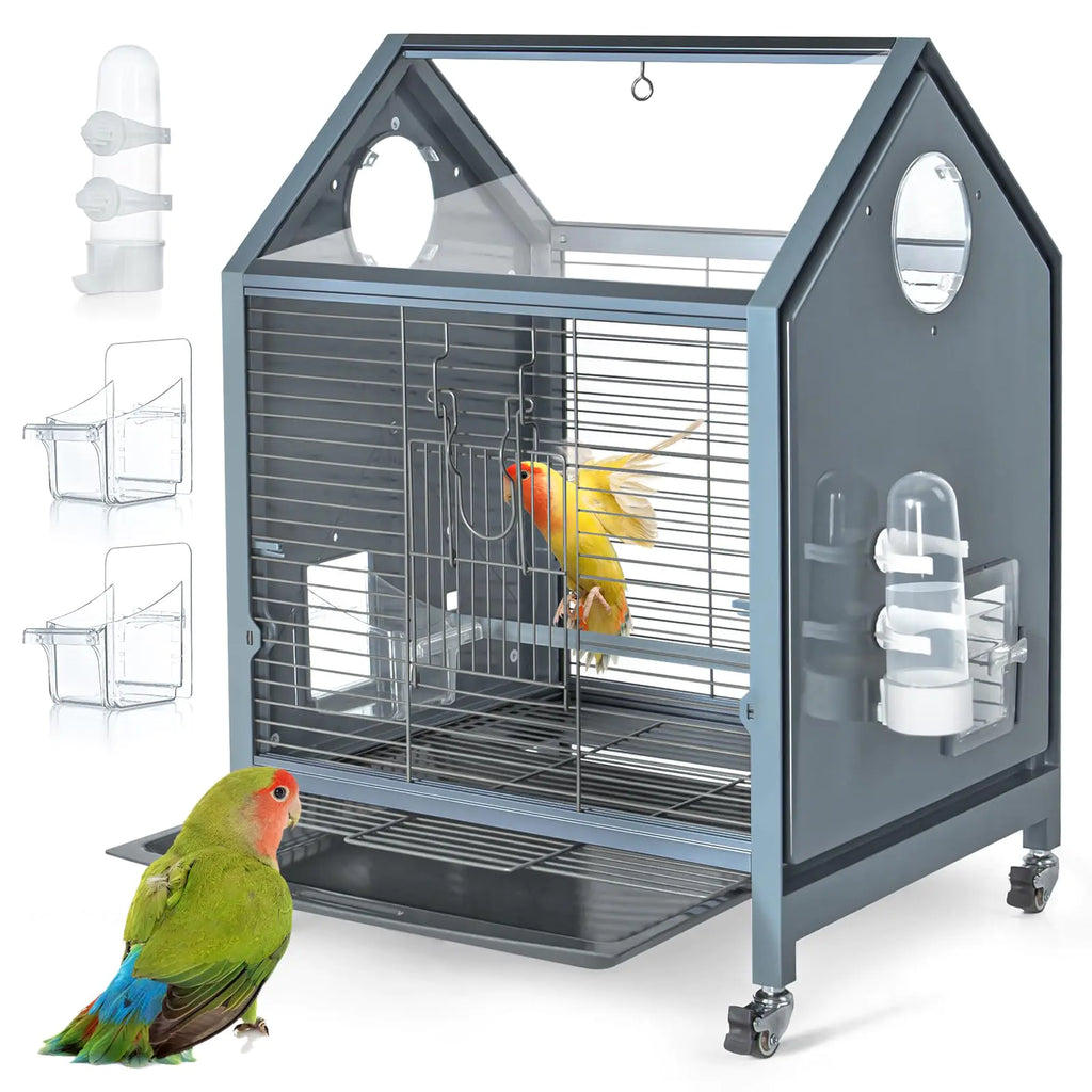 SUKEOPET Acrylic Bird Cage 25 inch Medium Parrot Cage for Parakeet Cockatiel Conure Lovebird Panoramic View Bird Cage with Water Bottle Bird Feeder Perch Rolling Stand