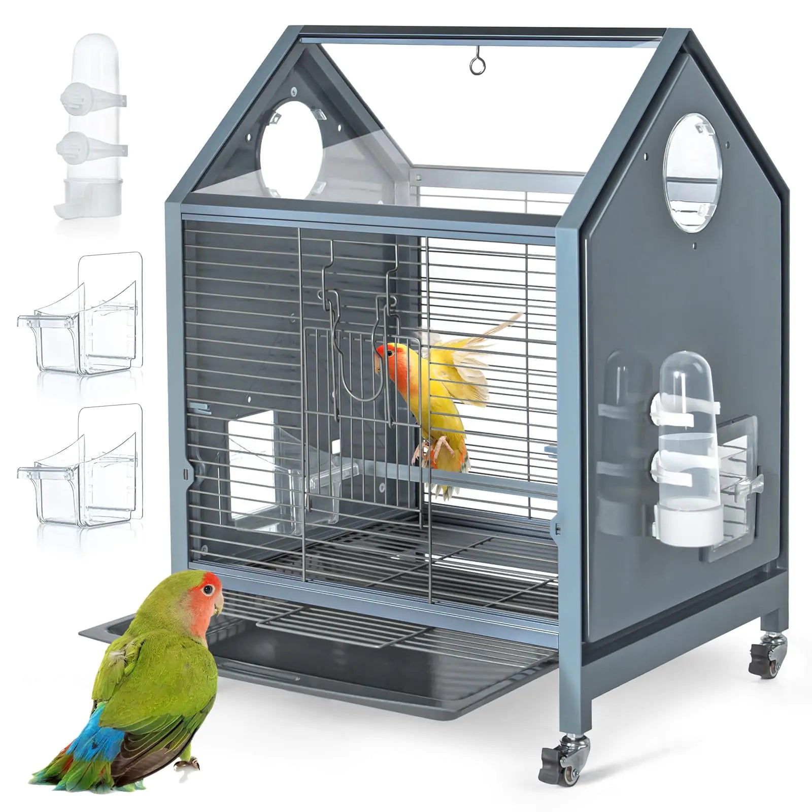 SUKEOPET Acrylic Bird Cage 25 inch Medium Parrot Cage for Parakeet Cockatiel Conure Lovebird Panoramic View Bird Cage with Water Bottle Bird Feeder Perch Rolling Stand