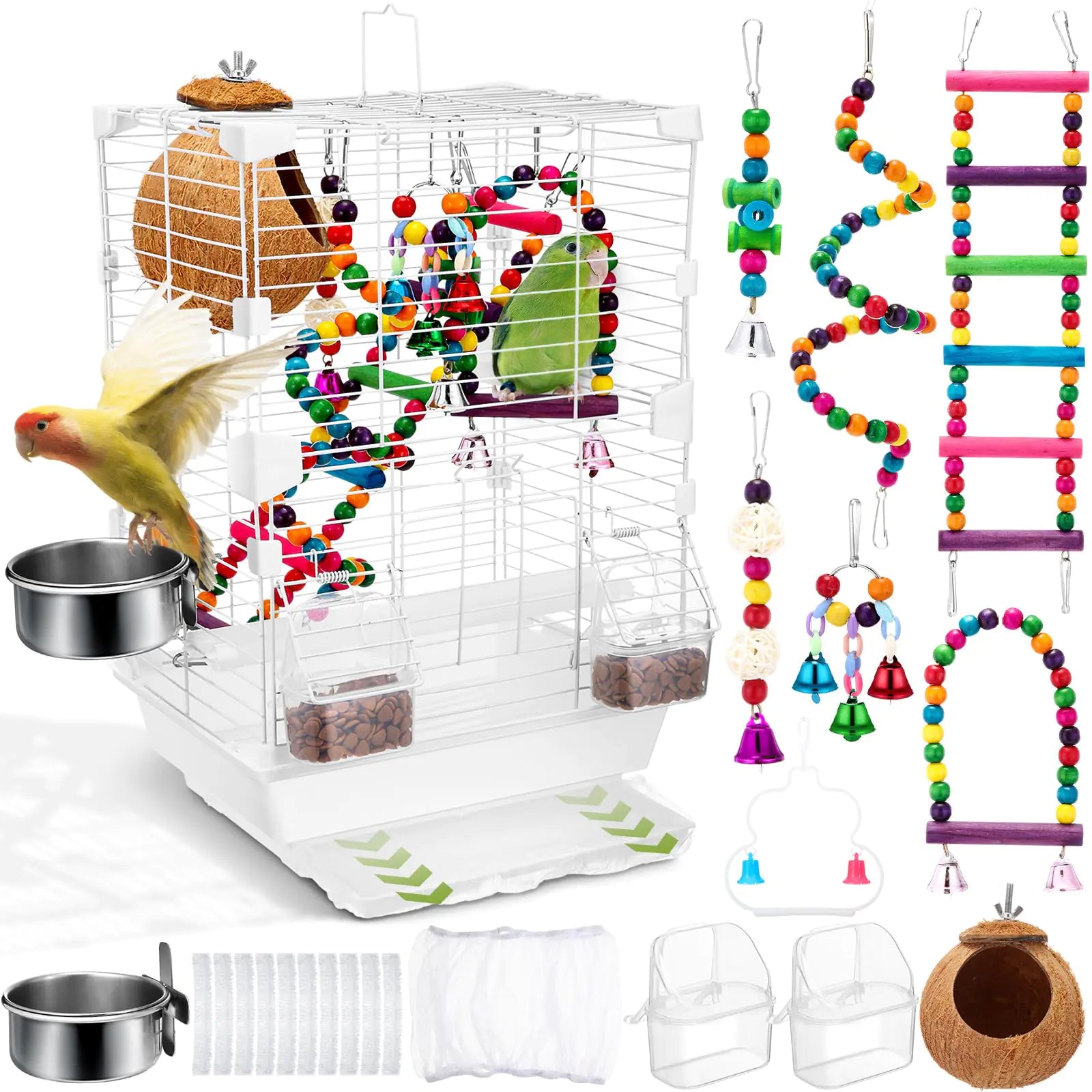 Zhengmy Parrot Starter Kit 17.7" Bird Cage with Handle 6 Pcs Wood Bird Toys for Parakeets Parrot Feeders Water Cage Bowls Bird Cage Seed Catcher Coconut Bird Nest Hut Disposable Cage Liner
