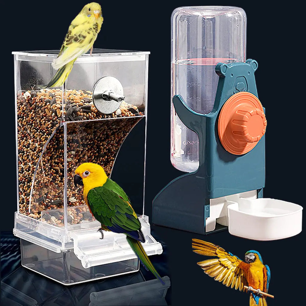 Kenond No Mess Bird Feeder Water Dispenser Set Automatic Parrot Feeder Cage Accessories Clear Parakeet Seed Container Food Feeder Drinker for Cage Cockatiel Finch Lovebirds Budgies Canary (Blue)